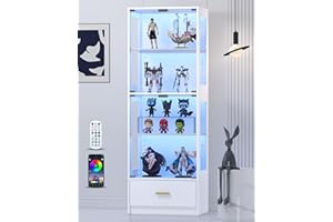Lamtor Display Cabinet with Glass Doors - 67" Curio Cabinet with RGB LED Lights and Drawer for Collectibles, 4 Tier Glass Display Case for Living Room, Office, White (Narrow)
