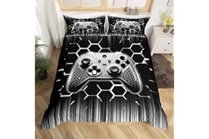 Manfei Videogames Reversible Duvet Cover Set Queen Size, Geometric Honeycomb Gameapd Comforter Cover with 2 Pillowcases, Modern Gamer Bedding Set 3pcs for Kids Boys Gaming Bedspread Cover,No Comforter