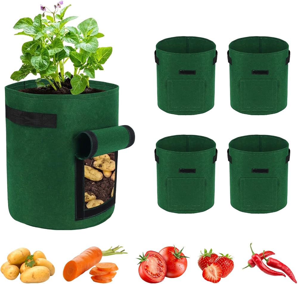 Ohiyoo 5 Pack 10 Gallon Potato Grow Bags with Window, Handles, Felt Nonwoven