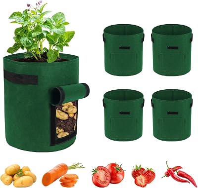 Ohiyoo 5 Pack 10 Gallon Potato Grow Bags with Window, Handles, Felt Nonwoven