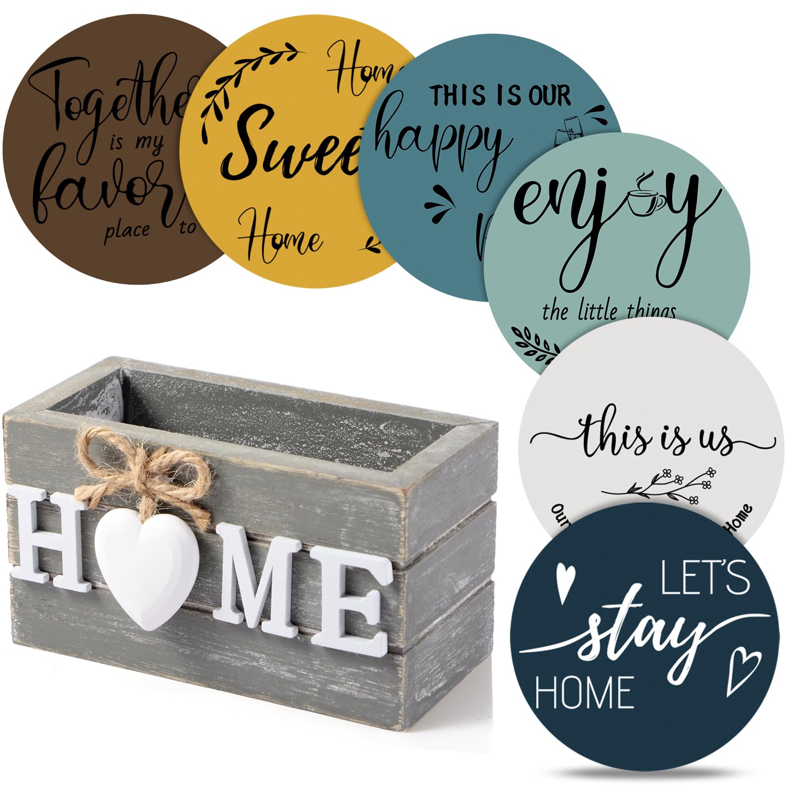 Queekay Coasters Set of 6 House Warming Gifts New Home Wooden Farmhouse Drink Coasters with Holder 4'' Funny Decoration for Kitchen Family Coffee Bar Tabletop Protection(Blue)