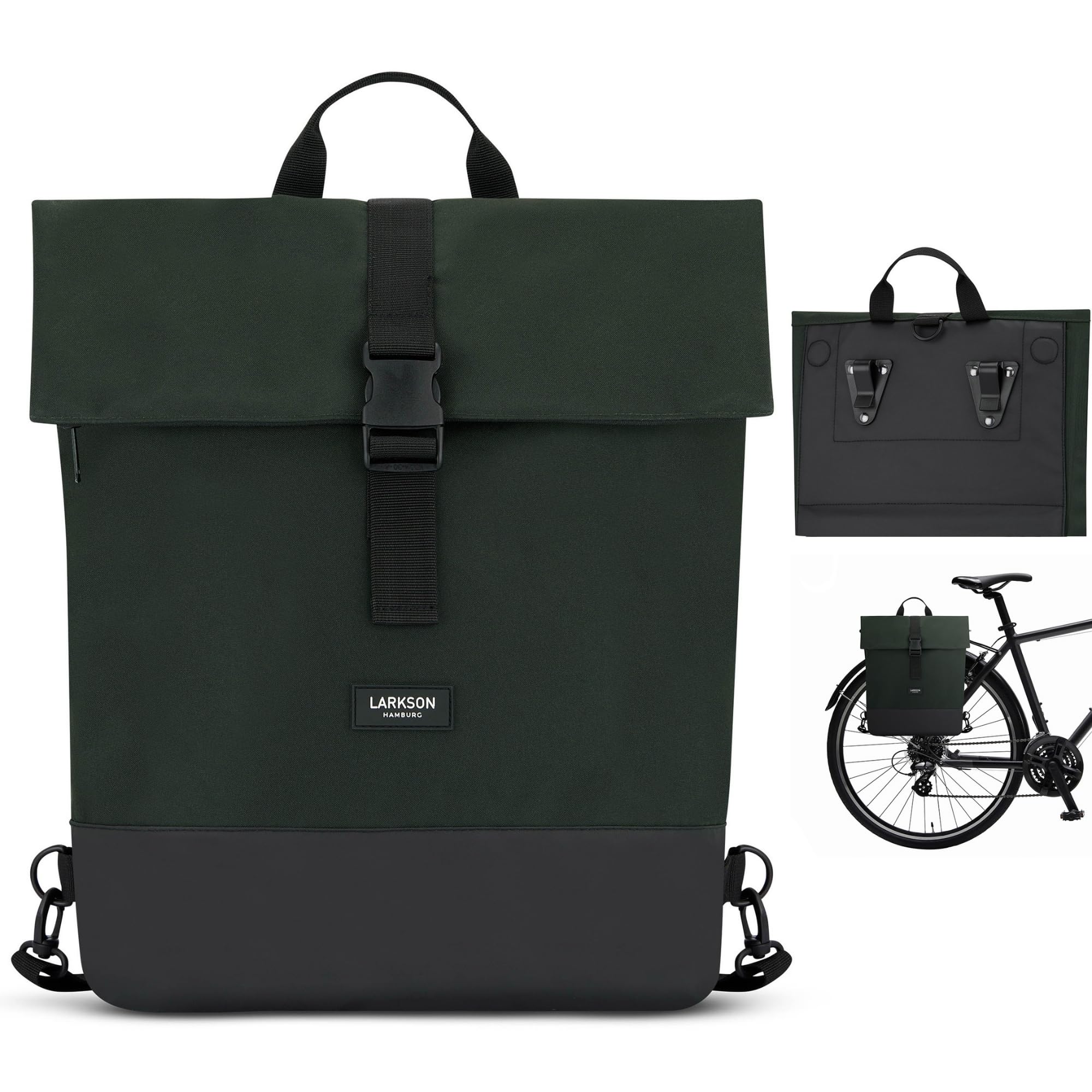 LARKSON Bike Pannier Dark Green - Tammo Bike - 2 in 1 Cycle Backpack & Bicycle Bag for Rear Carrier, Made of Recycled Material - Water-Repellent
