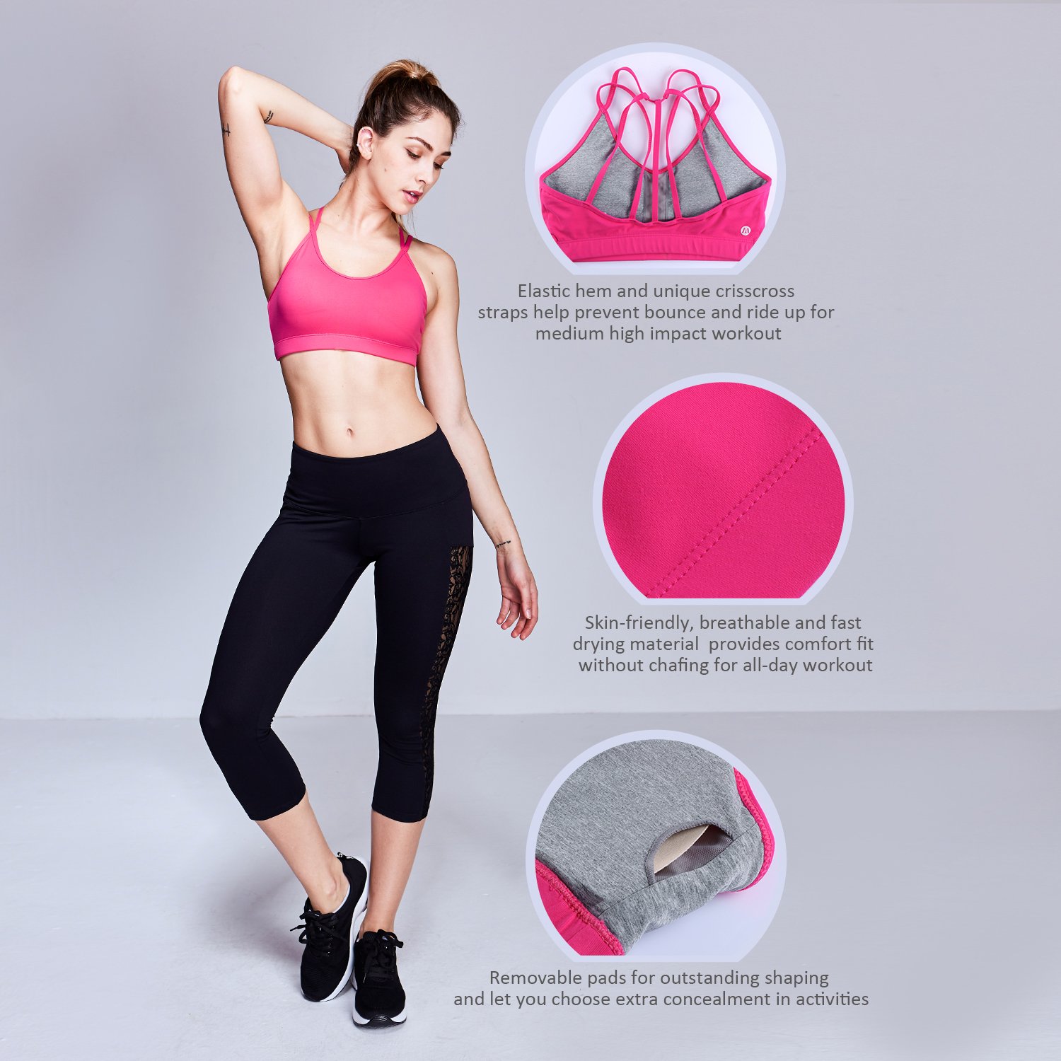 Matymats Active Strappy Sports Bra Medium Impact Workout Running Yoga Bra Tops with Removable Pads