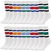 LUCKIEY Striped Crew Socks 10/20 Pairs Seamless Toe for Men and Women, Light Cream Color, Casual Comfort retro striped socks