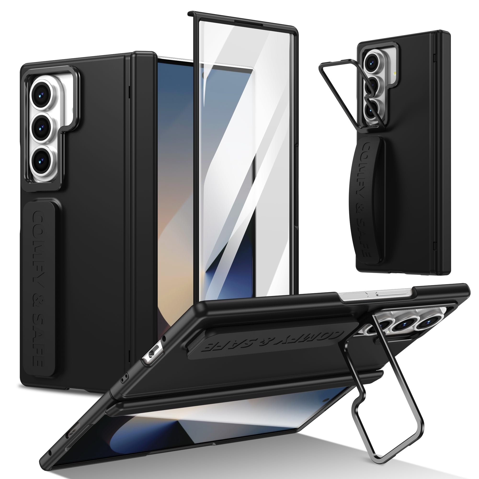 THMEIRA for Samsung Galaxy Z Fold 7 Hand Strap Case, Built-in Screen Protector & Hinge Protection & Camera Cover Kickstand, Military Grade Full Body Shockproof Protective, Black