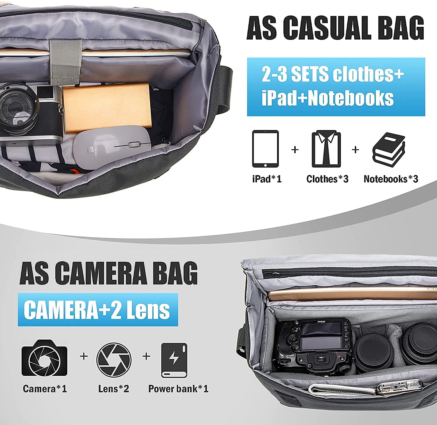 Cwatcun Shockproof Camera Bag with Detachable Insert Case for Canon Sony Nikon Leica Pentax Many Brands Cameras & Lenses Crossbody Camera Bag DSLR SLR Shoulder Camera Bag with Tripod Straps