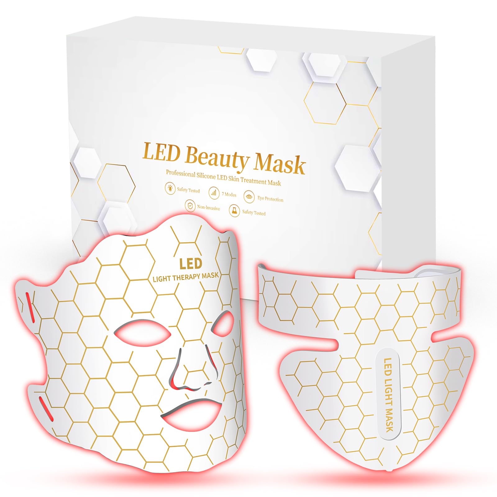 Photo 1 of Yahi Red Light Photon Facial & Neck Mask with Remote Control, 7 Custom Modes with Infrared, Portable & Rechargeable with Timer for Home Use, 175 High-Density Light Beads, White