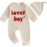 Lesimsam Newborn Infant Baby Boy Valentines Outfit Letter Embroidery Long Sleeve Waffle Knit Romper Jumpsuit with Hat