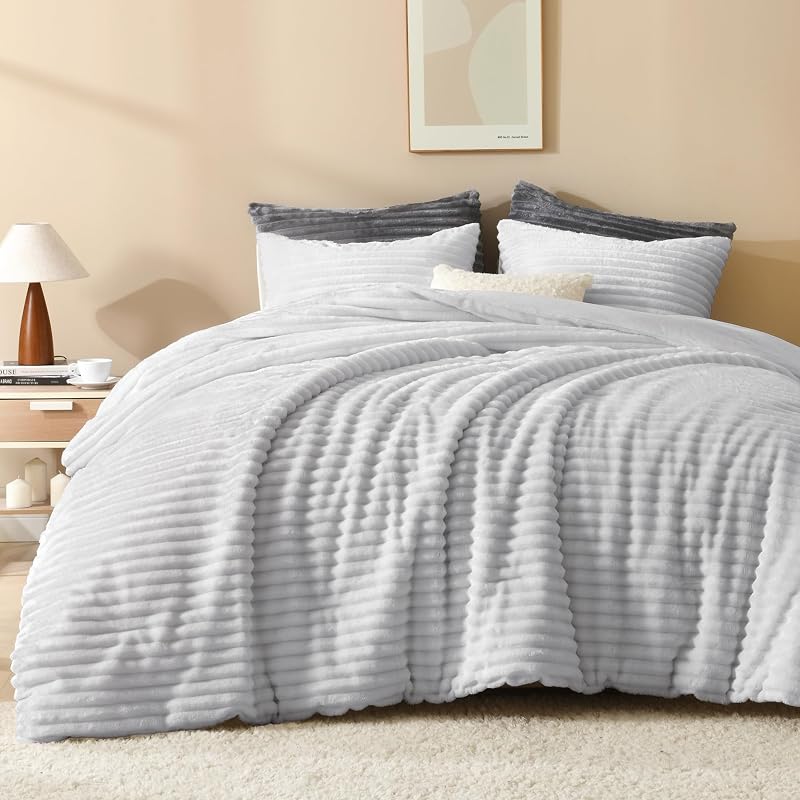 Set di biancheria da letto per letto queen size, soffice e super morbido, grigio chiaro, per letto queen size, in caldo pile invernale, set di biancheria da letto in pelliccia sintetica, 3 — foto 1 di 7