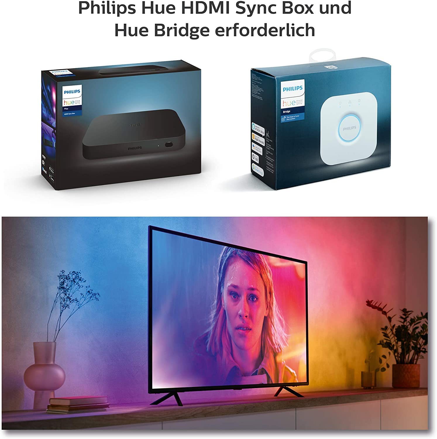 Philips Hue White & Color Ambiance Gradient Lightstrip (55 Zoll), dimmbarer LED Streifen für den Fernseher mit 16 Mio. Farben und Farbverläufen, smarte Heimkino TV Hintergrundbeleuchtung, schwarz 9