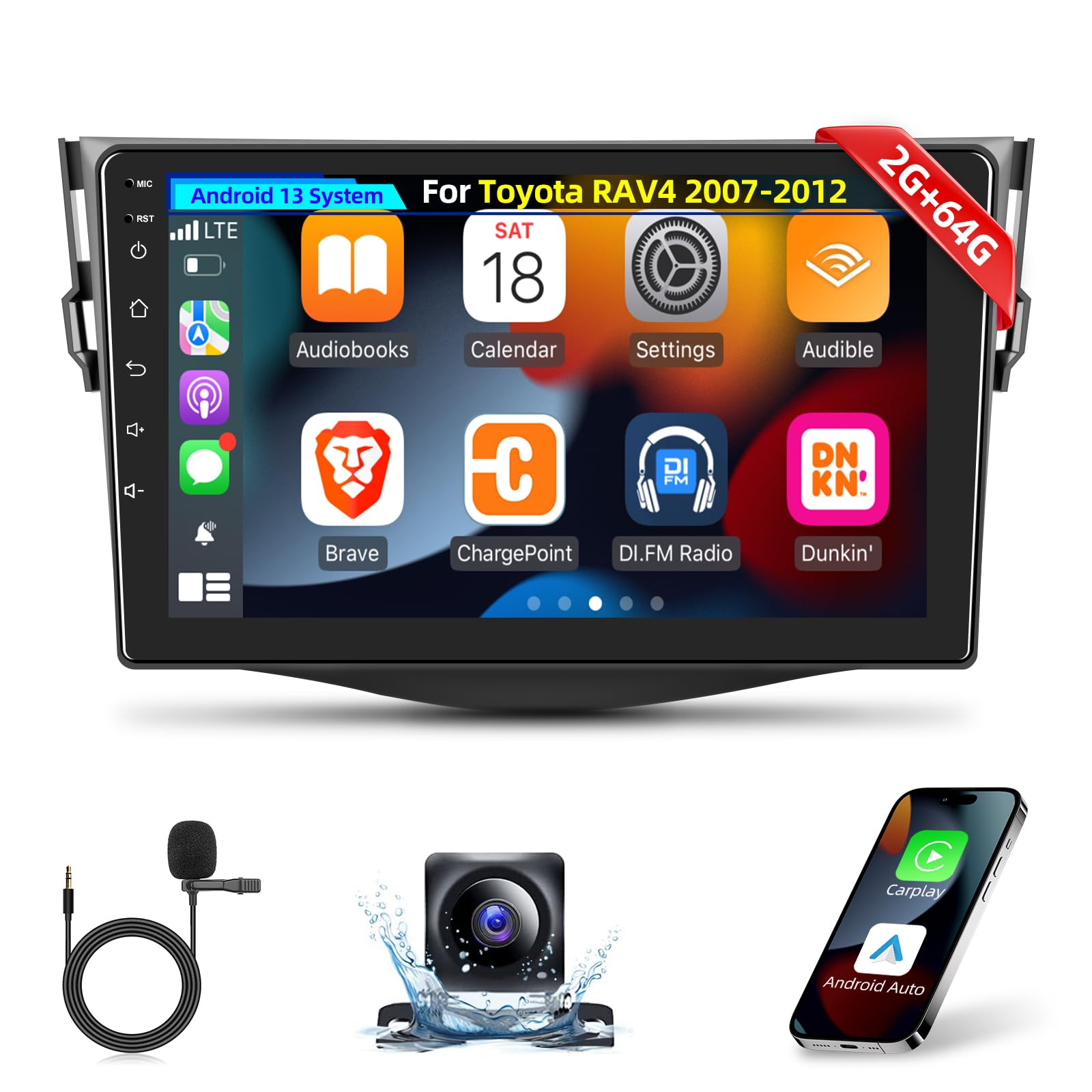 For 2007-2012 Toyota RAV4 Radio, [2G+64G] 9 inches Touch Screen Android RAV4 Stereo, Carplay/Android Auto/1080P/DSP EQ Audio/Bluetooth + AHD Backup Camera