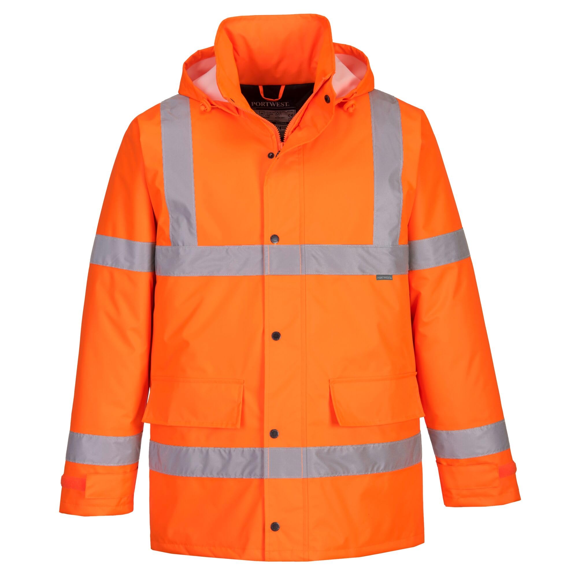 Portwest S460 Men's Winter Traffic Jacket Hi Vis Hooded Work Coat Reflective Fully Lined Zip Safety Utility Waterproof Reflective Workwear Orange, X-Large