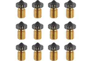 AITIAO 12PCS PTFE Coated Nozzle V6 Brass Nozzles 3D Printer Extruder Hotend Print Head with PTFE Coating Non Stick Filament 0.2 0.4 0.6 0.8mm for 1.75MM Filament Ender3 Pro CR10/S Hotend V6 3D Printer