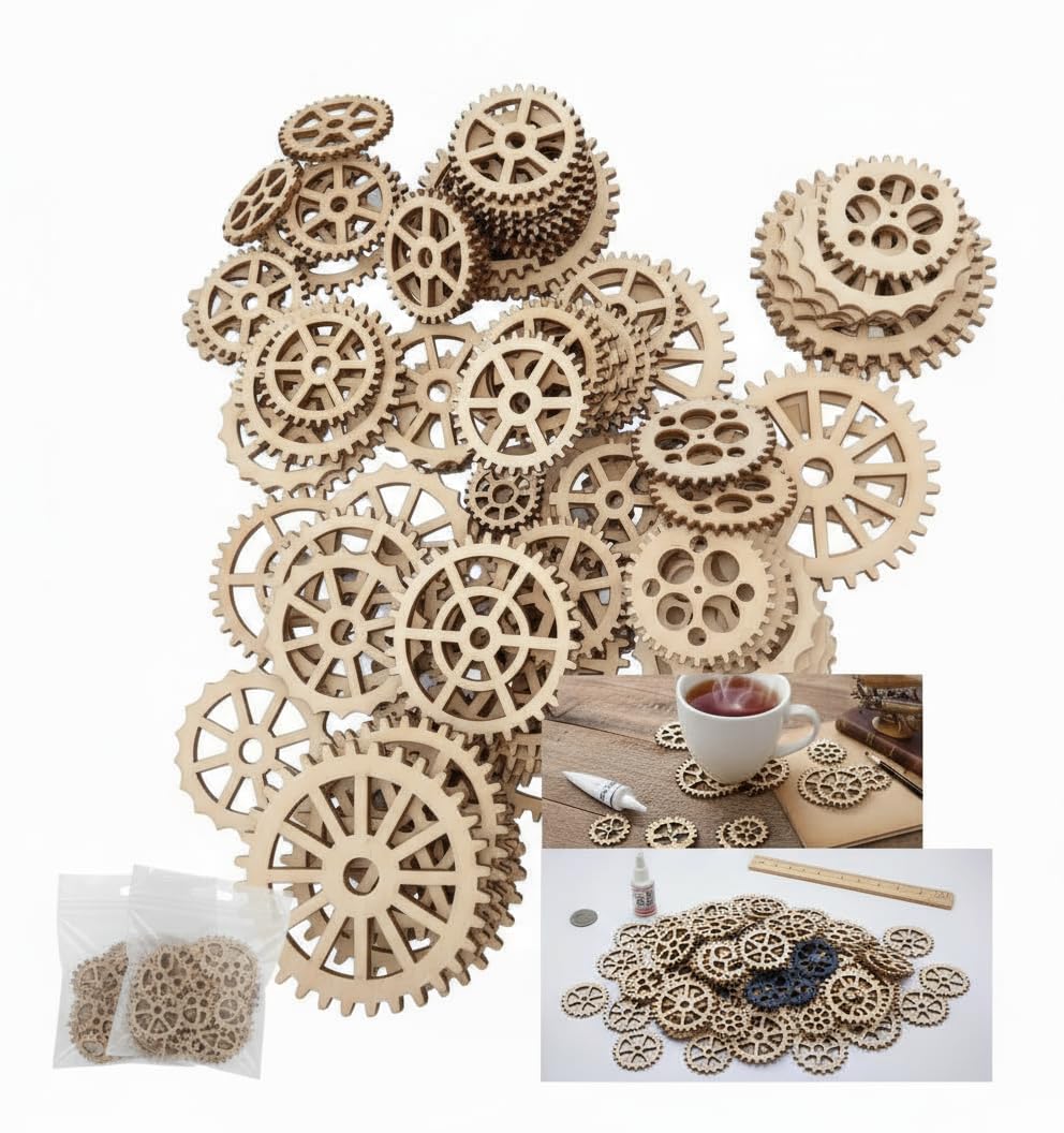 Photo 1 of 100pcs Mini Wooden Gear Wheels - Industrial Steampunk Style for DIY Crafts & Home Décor(Random Styles)