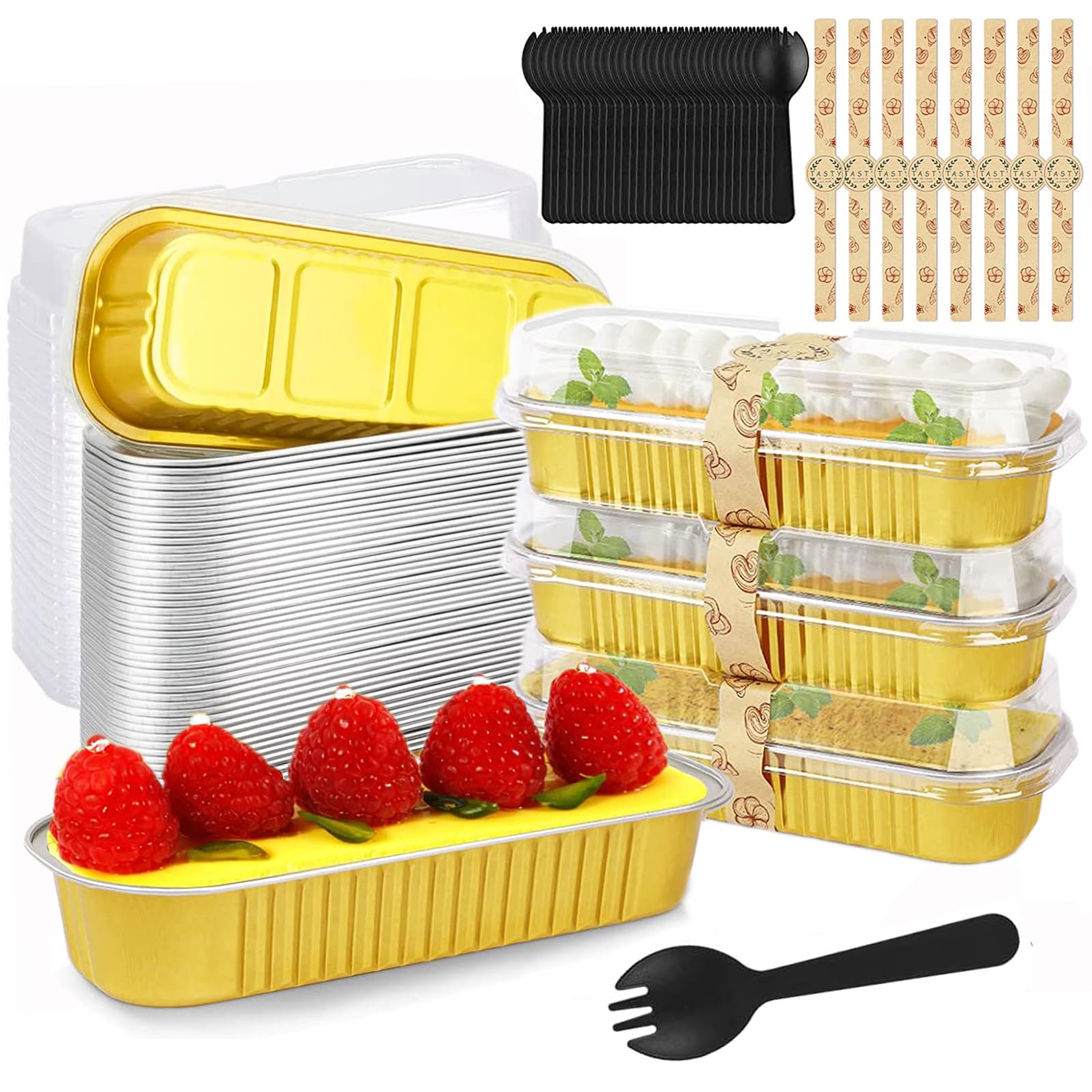Jokresty 200Pcs/50Set Mini Loaf Pans with Lids Spoons and Stickers,200ML Aluminum Foil Baking Pans,Non-Stick Aluminum Mini Loaf Tins,Reusable Foil Bread Container Cake Baking Tins for Home Kitchen