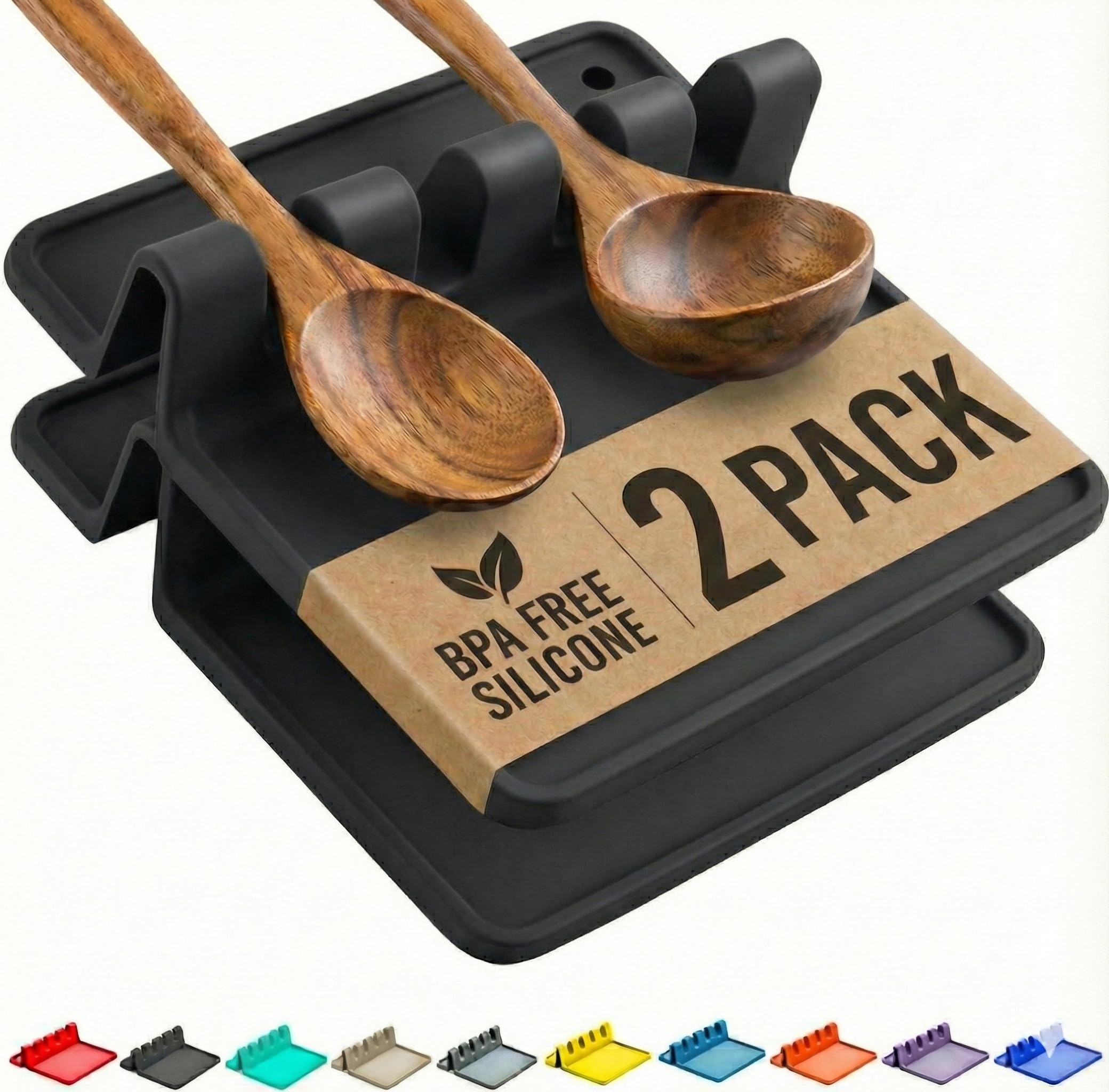 Silicone Spoon Rest for Stove Top with Drip Pad (Two Pack) - Heat Resistant, BPA Free Utensil Rest & Spoon Holder for Kitchen Counter - Grill Utensil Holder for Spatulas, Tongs, Ladles (Black)