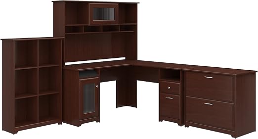Amazon Com Bush Furniture Cabot L Shaped Desk With Hutch 6 Cube Organizer And Lateral File Cabinet In Harvest Cherry Furniture Decor