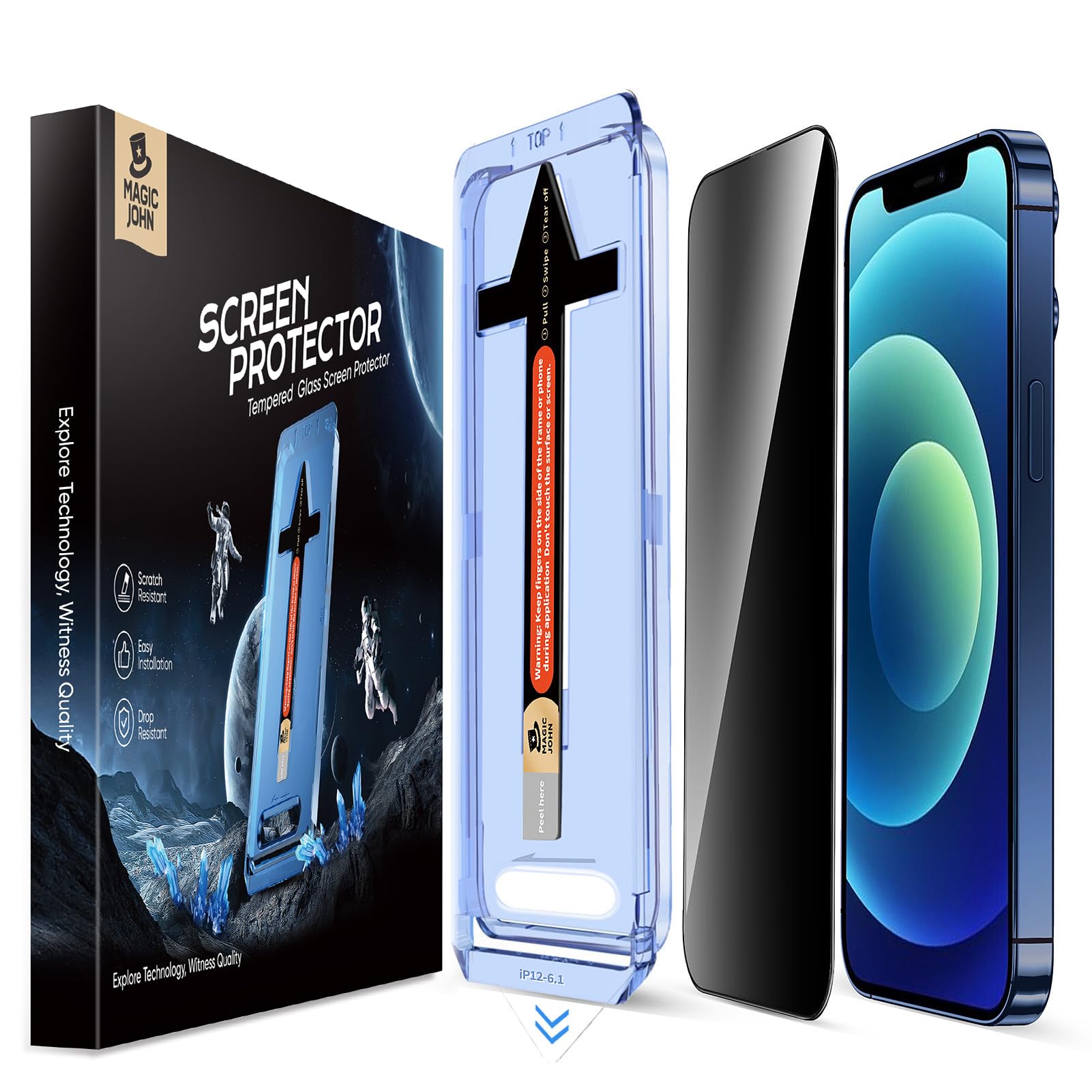MAGIC JOHN 2 Pack for iPhone 12/12 Pro 6.1 inch Privacy Glass Screen Protector, Auto Dust-Elimination Installation, Bubble Free, Easy Installation