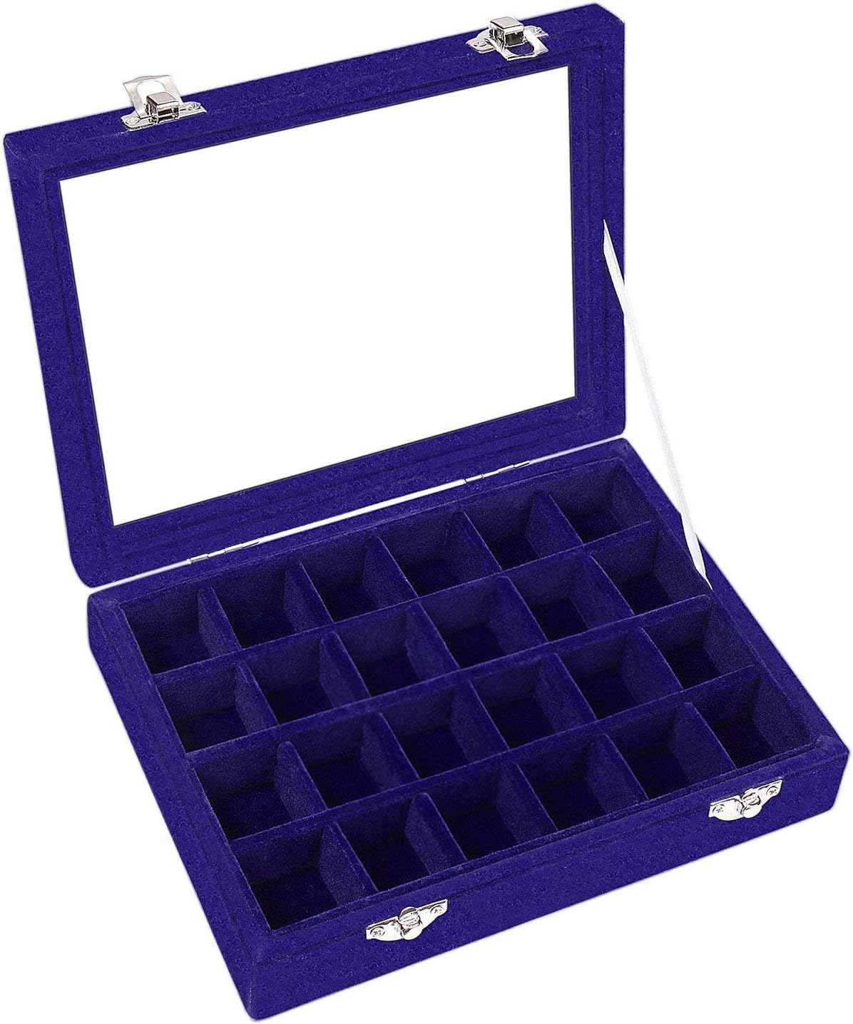 Pasutewel Velvet Glass Ring Jewellery Display Storage Box Jewelry Holder Storage Organizer Stand (Blue-(24 Grids))