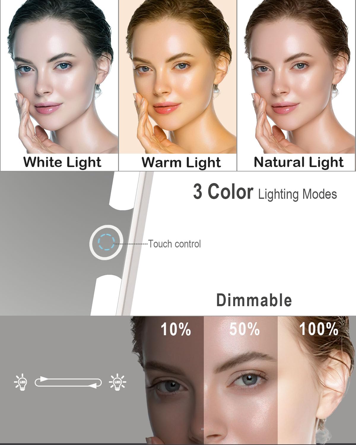 LUKYMIRO Rechargeable Travel Makeup Mirror with Lights, Portable Lighted Vanity 10X Magnification, 70 LEDs 3 Color Dimmable Touch Screen, Tabletop Folding Compact Cosmetic (White With 2000mah Battery)