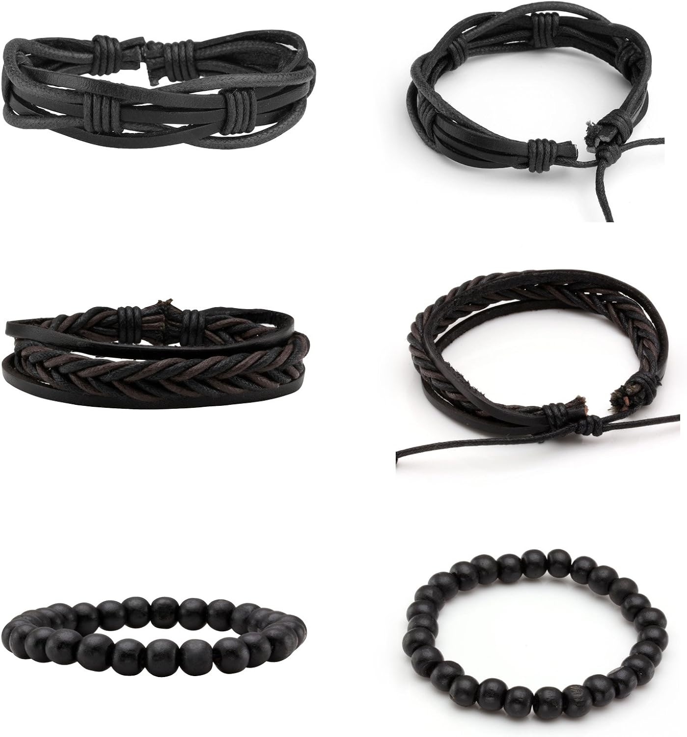 MILAKOO 6 Pcs Black Braided Leather Bracelets for Men Women Cuff Wrap Wristbands, 19 centimeters - Image 3