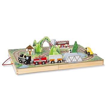 Melissa & Doug 30140 17Piece Wooden Take-Along Tabletop Railroad, 3 Trains, Truck, Playpiece, Bridge, Multicolor