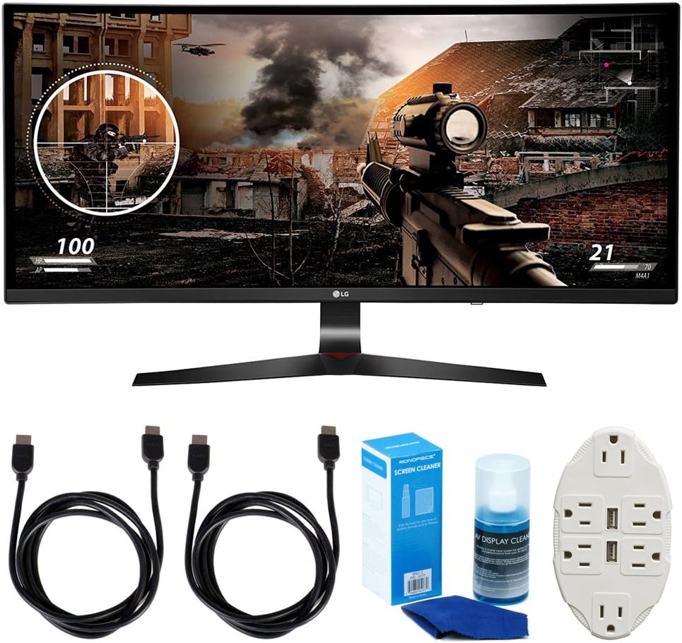 LG 34" WFHD (34UC79G-B) 21:9 UltraWide Curved IPS - 144hz Monitor w/Accessories Bundle Includes, 2X 6ft HDMI Cable, Universal Screen Cleaner for LED TVs & Transformer Tap USB w/ 6-Outlet Wall Adapter