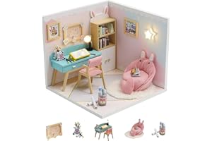 Kisoy Dollhouse Miniature with Furniture Kit, DIY 3D Wooden DIY House Kit A Corner of a Small Apartment Style with Dust Cover & LED,Handmade Tiny House Toys for Kids Adults Gift (Study Room)