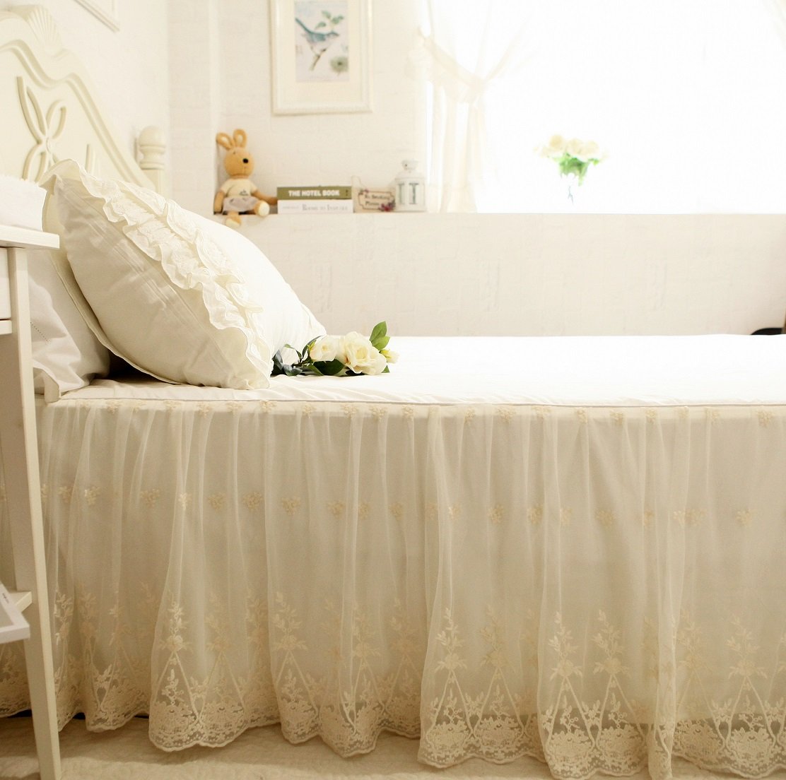Brandream Queen Size Luxury White Lace Bed Skirt Romantic Girls Bed