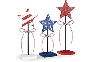 HEDEEY 4th of July Tiered Tray Decor Wooden Star Set, 3 Pcs Memorial Day Table Decorations, Rustic Patriotic Tabletop Home Decor, Red White and Blue Decorations for Home (Shiny)