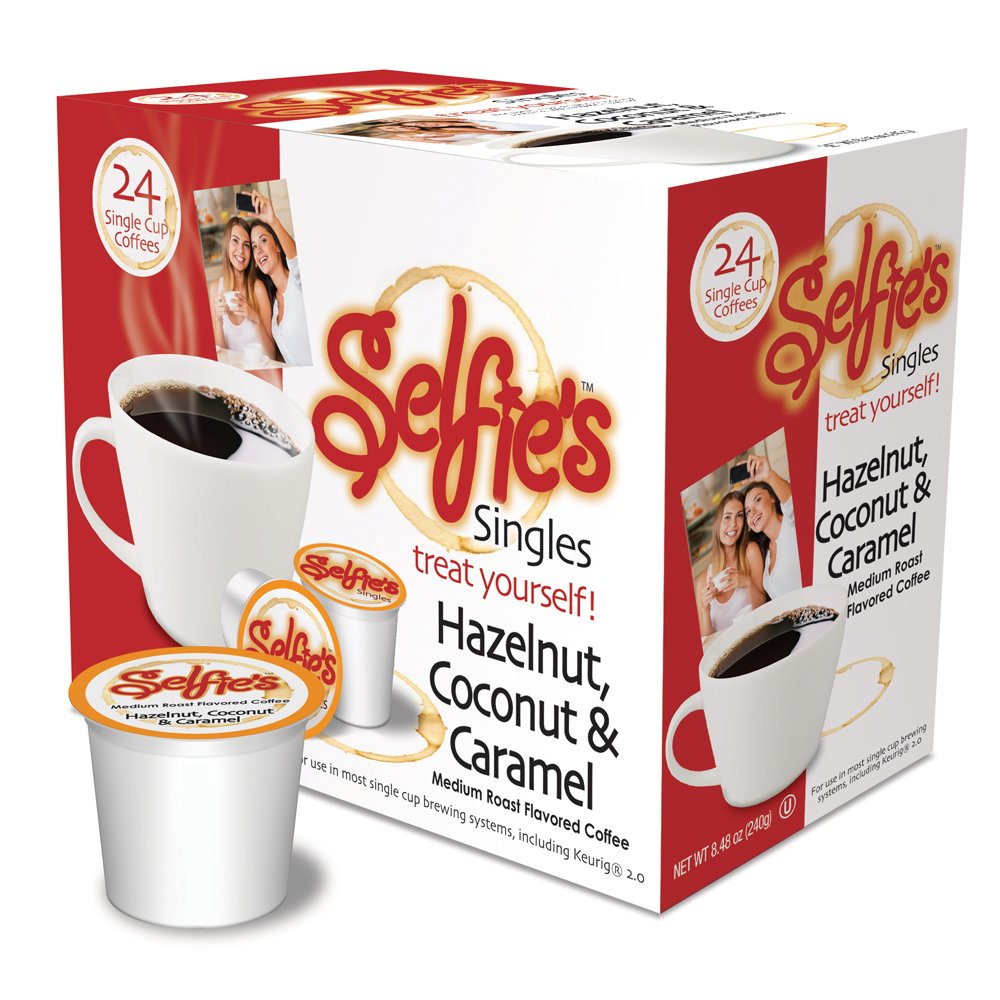 Selfie's Singles Coffee Single Serve Pods for Keurig 2.0 K-Cup Brewers, Hazelnut Coconut and Caramel, Medium Roast Coffee Silky Smooth with a Sweet Nutty Finish, 24 Count