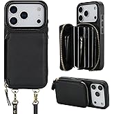 Bocasal Crossbody Wallet Case for iPhone 17 Pro, RFID Blocking Leather Purse Case with Card Holder, Protective Handbag Flip Cover with Zipper Wrist Strap Lanyard for Women 5G 6.3 Inch (Black)