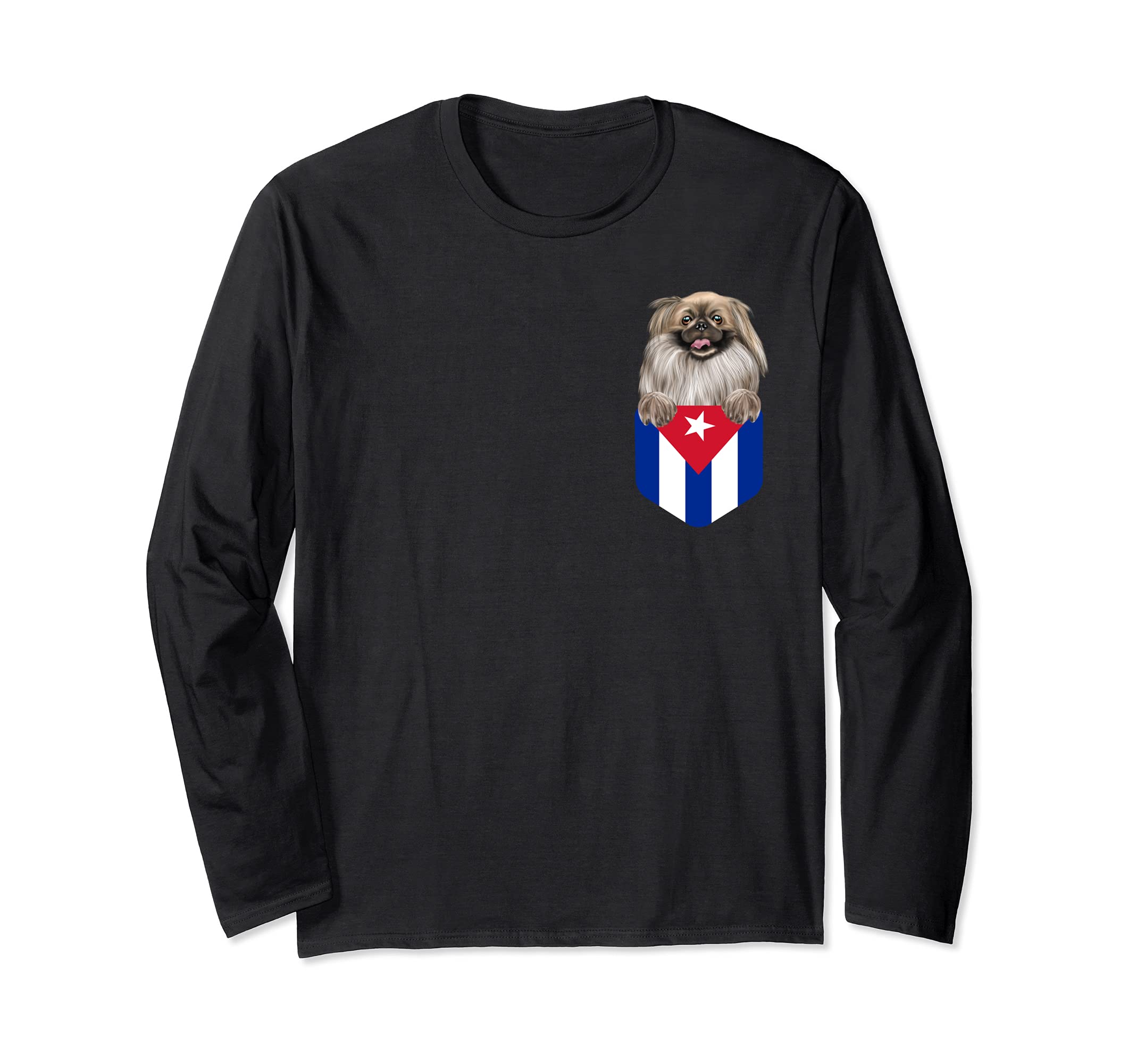 Cuba Flag Pekingese Dog In Pocket Long Sleeve T-Shirt