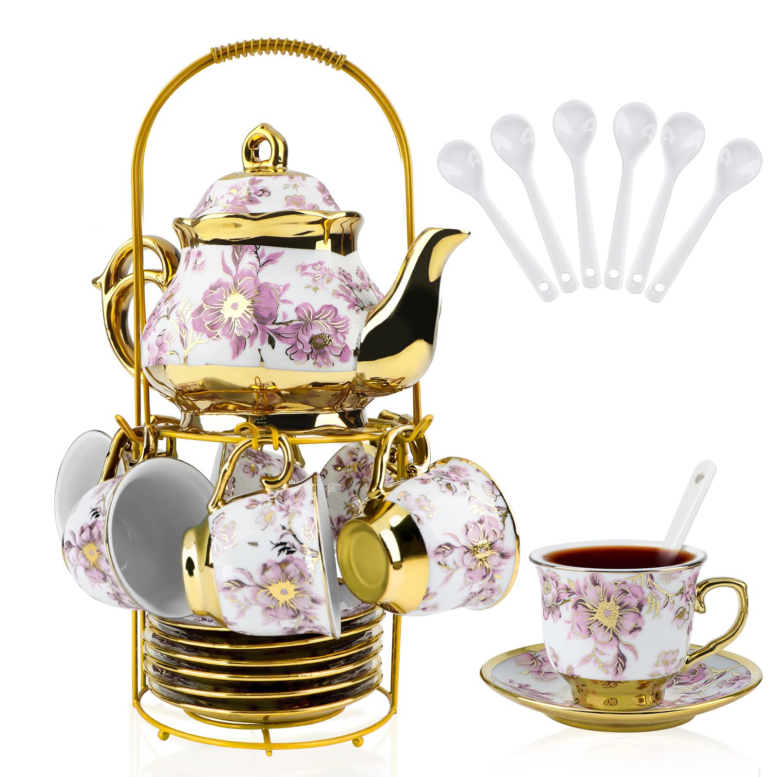 Photo 1 of 20 Pcs Porcelain Tea Set with Metal Holder, European Ceramic Tea Set for Adults, Adult Tea Set Gift, Flower Tea Cup Saucer Set for Party With Gold Flower Painting (Elegant Purple)