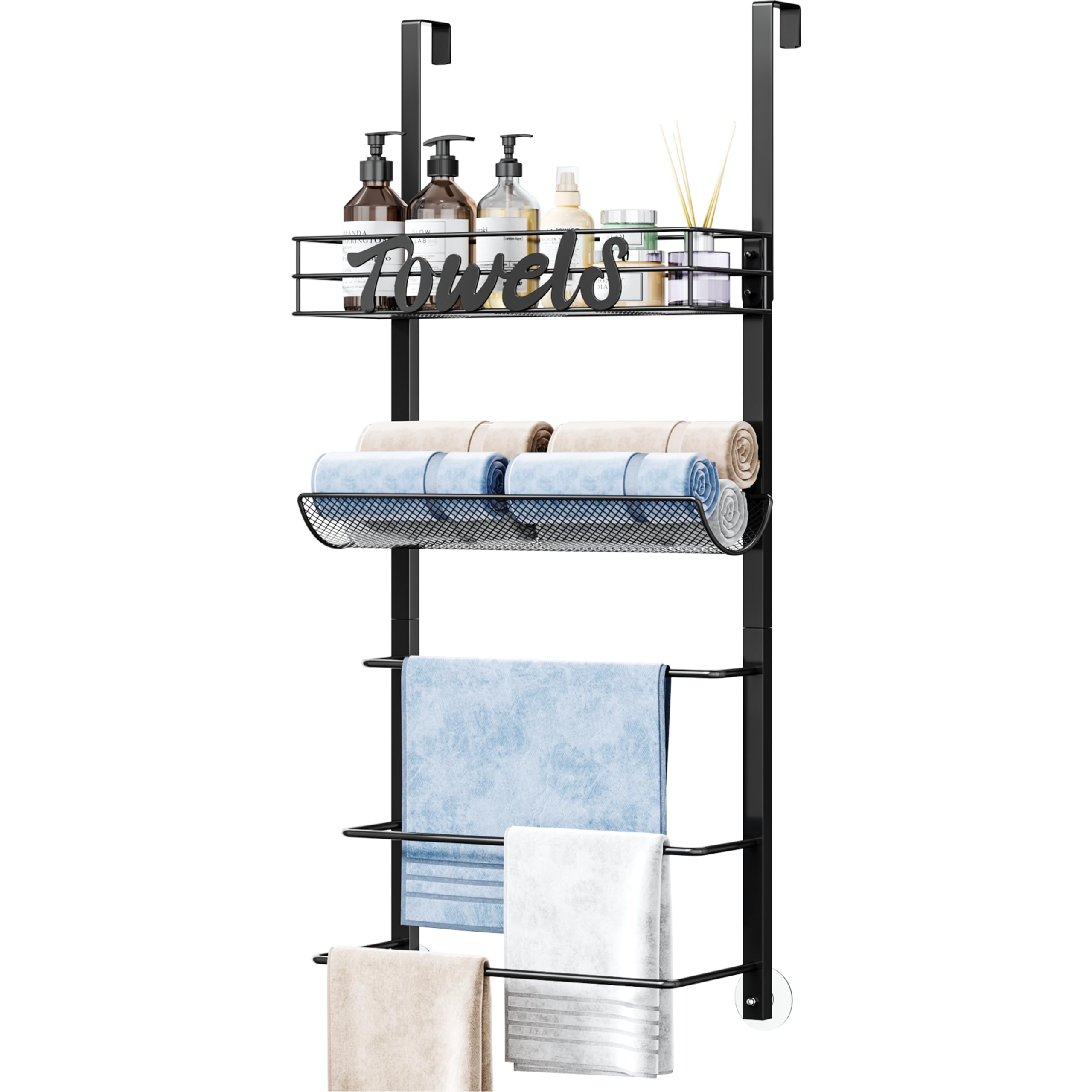 Photo 1 of SWTYMIKI Over Door Towel Rack - 5-Tier Wall Mounted Towel Holder Storage Organizer with Metal Shelf for Bathroom, Black