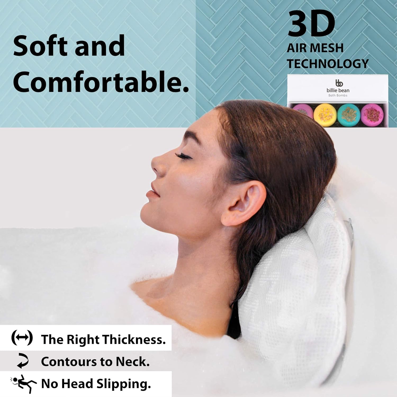 BILLIE BEAN Luxury Bath Pillow for Bathtub - 4 Bath Bombs Included - Extra Strong Suction Bath Pillows for Tub Neck and Back Support - A Relaxing Bathtub Pillow - Billie Bean Bath Accessories : Beauty