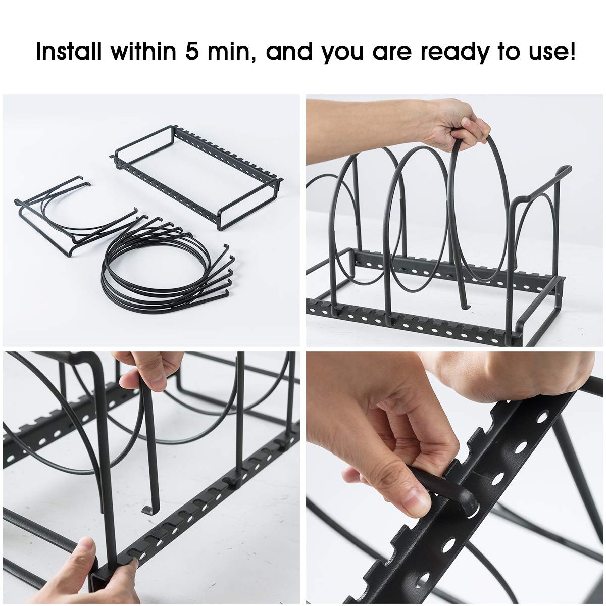 Pot and Pan Organizer Rack, Heavy Duty Pan Organizer Rack, 4-Tier Cookware Holder Pot Lid Organizer for Kitchen Cabinet Pantry and Shelves, Total 4 Adjustable Compartments, Black