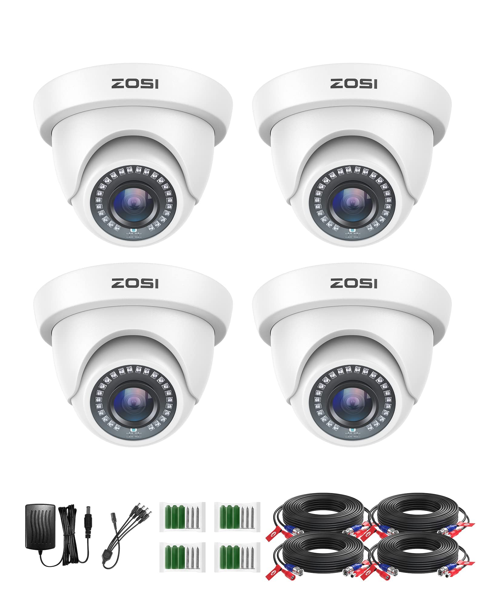 ZOSI 4 Pack 1080p HD-TVI Home Security Camera Outdoor Indoor 1920TVL, 80ft Night Vision, 90°View Angle, Weatherproof Outside Surveillance CCTV Dome Camera(White)