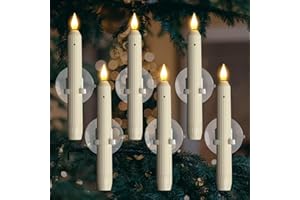 Homemory 6 Pcs Window Candles with Sensor Dusk to Dawn, Ivory Striped Candlesticks with Suction Cups, Roman Column Christmas Window Candle Battery Operated, Flameless Led Taper Candles for Windows