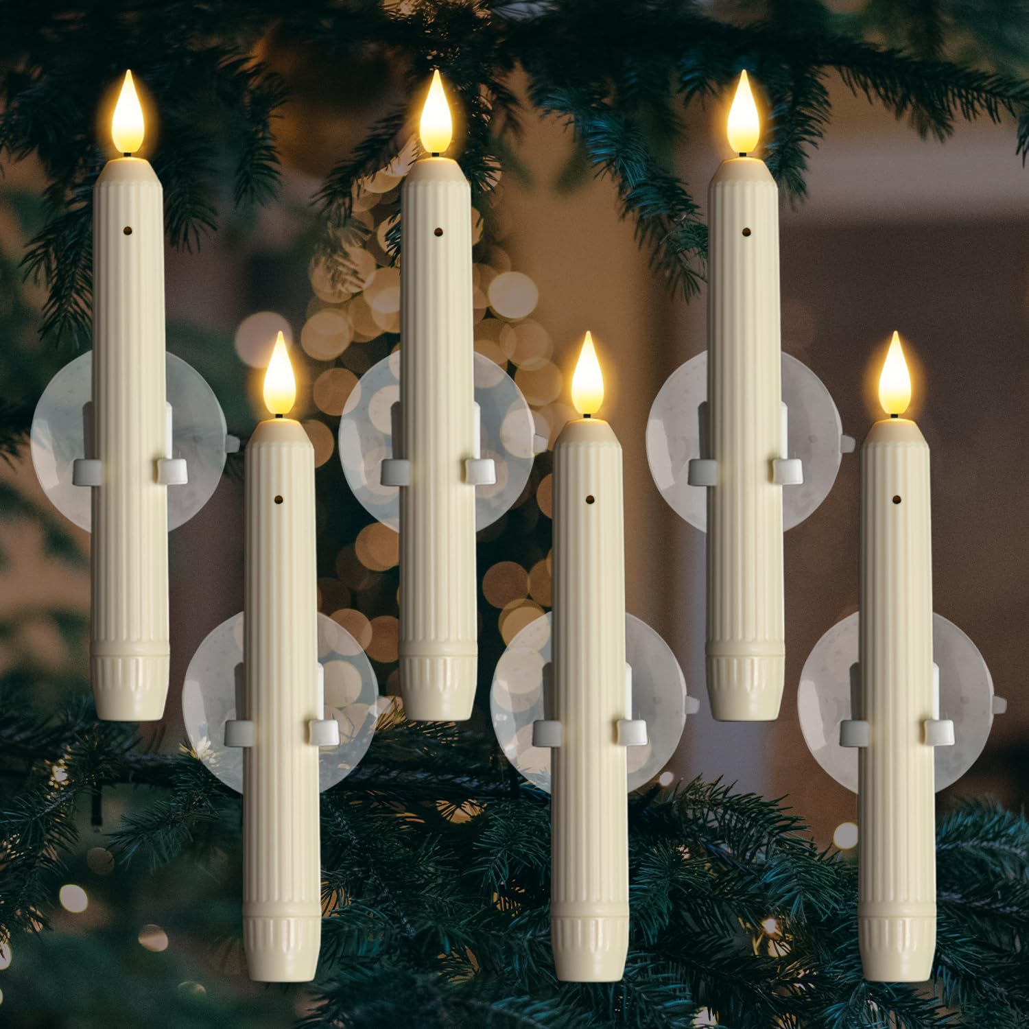 Photo 1 of Homemory 6 Pcs Window Candles With Sensor Dusk to Dawn - Ivory Stripped Candlesticks With Suction Cups, Roman Column Battery Operated Flameless LED Taper for Christmas