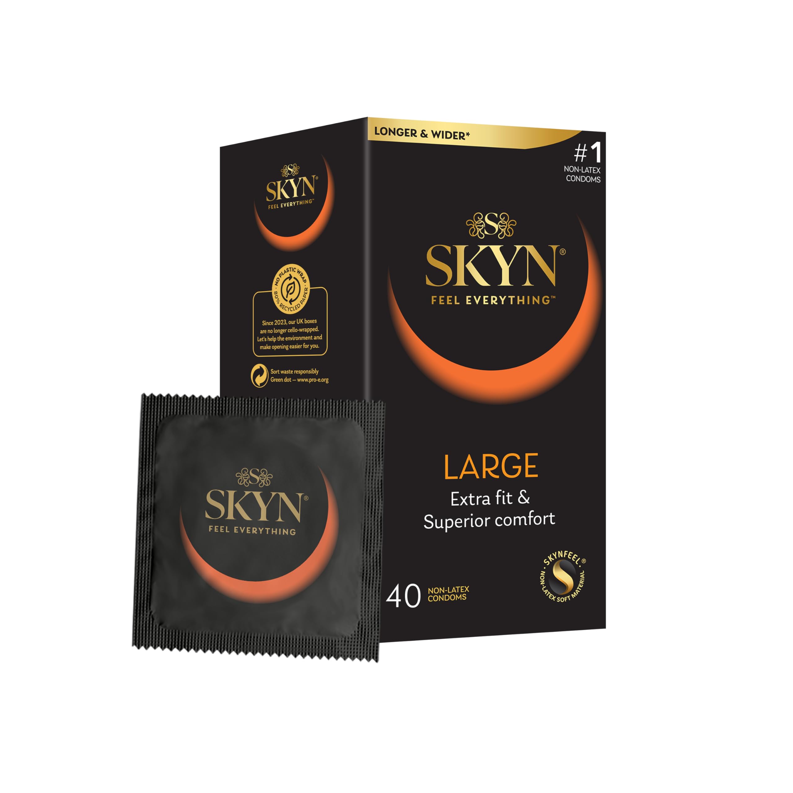 SKYN Large Condoms Pack of 40 / Skynfeel Latex Free Condoms for Men, Extra Large, Thin XL, Smooth Straight Shape, 56mm Wide