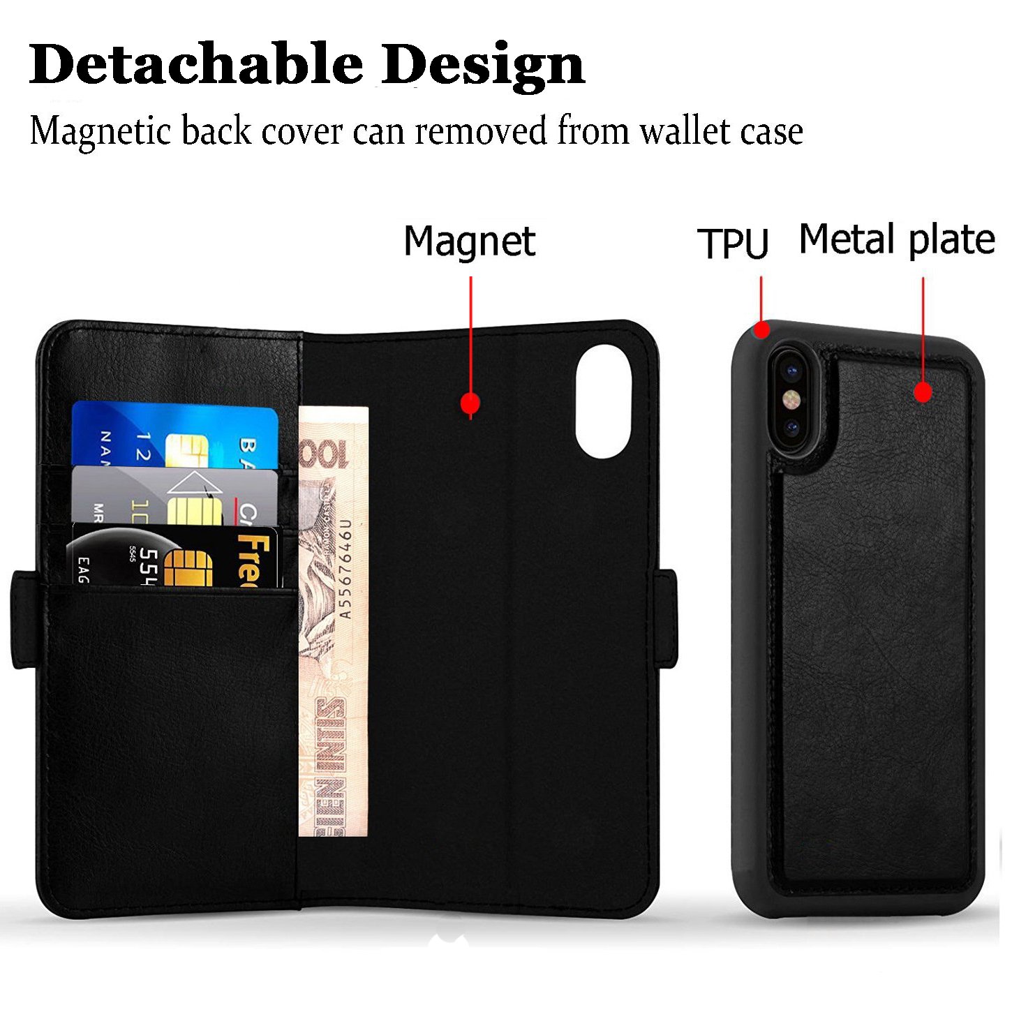 iPhone X Leather Wallet Case, ALBK Powerful Magnetic Detachable Case, Luxury Handmade Full Grain Leather Folding Flip Case with ID&Card Holder Slot for iPhone X 5.8 inch -Black