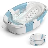 Collapsible Baby Bathtub for Newborn to Toddler 0-36 Months,Spacious Foldable Infant Bath Tub with Thermometer,Cushion & Drai