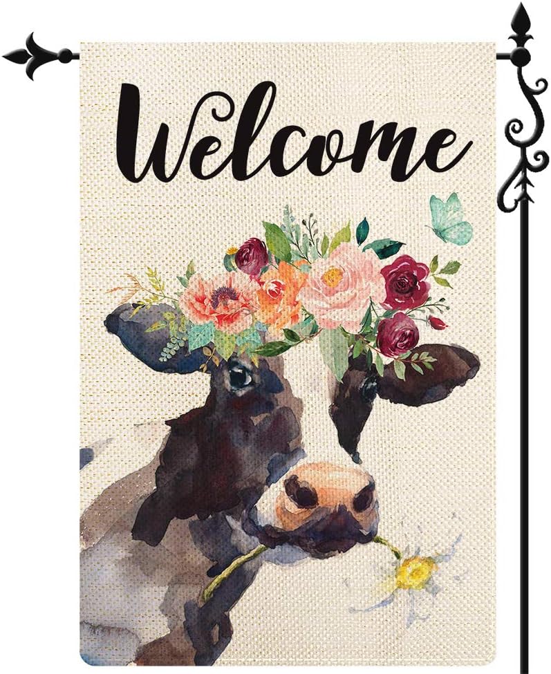 COSKAKA Welcome Cows Spring Summer Garden Flag Vertical Double Sided Black White Buffalo Check Plaid Rustic Farmland Burlap Yard Lawn Outdoor Decor 12.5x18 inch