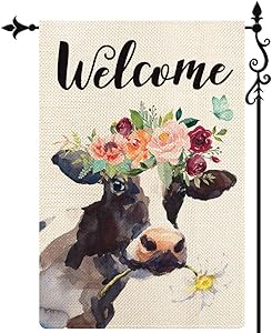 COSKAKA Welcome Cows Spring Summer Garden Flag Vertical Double Sided Black White Buffalo Check Plaid Rustic Farmland Burlap Yard Lawn Outdoor Decor 12.5x18 inch