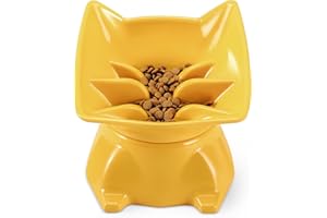 DNOYEUS Small Elevated Slow Feeder Cat Bowl, Cute Tilted Elevated Bowls and Dishes for Cats & Small Dogs, Whisker Friendly, Anti Vomiting Raised Pet Bowl for Dry and Wet Food, Yellow