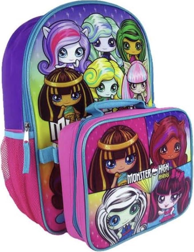 Monster High Minis Full Size Girls Backpack and Insulated Lunchbox Bag