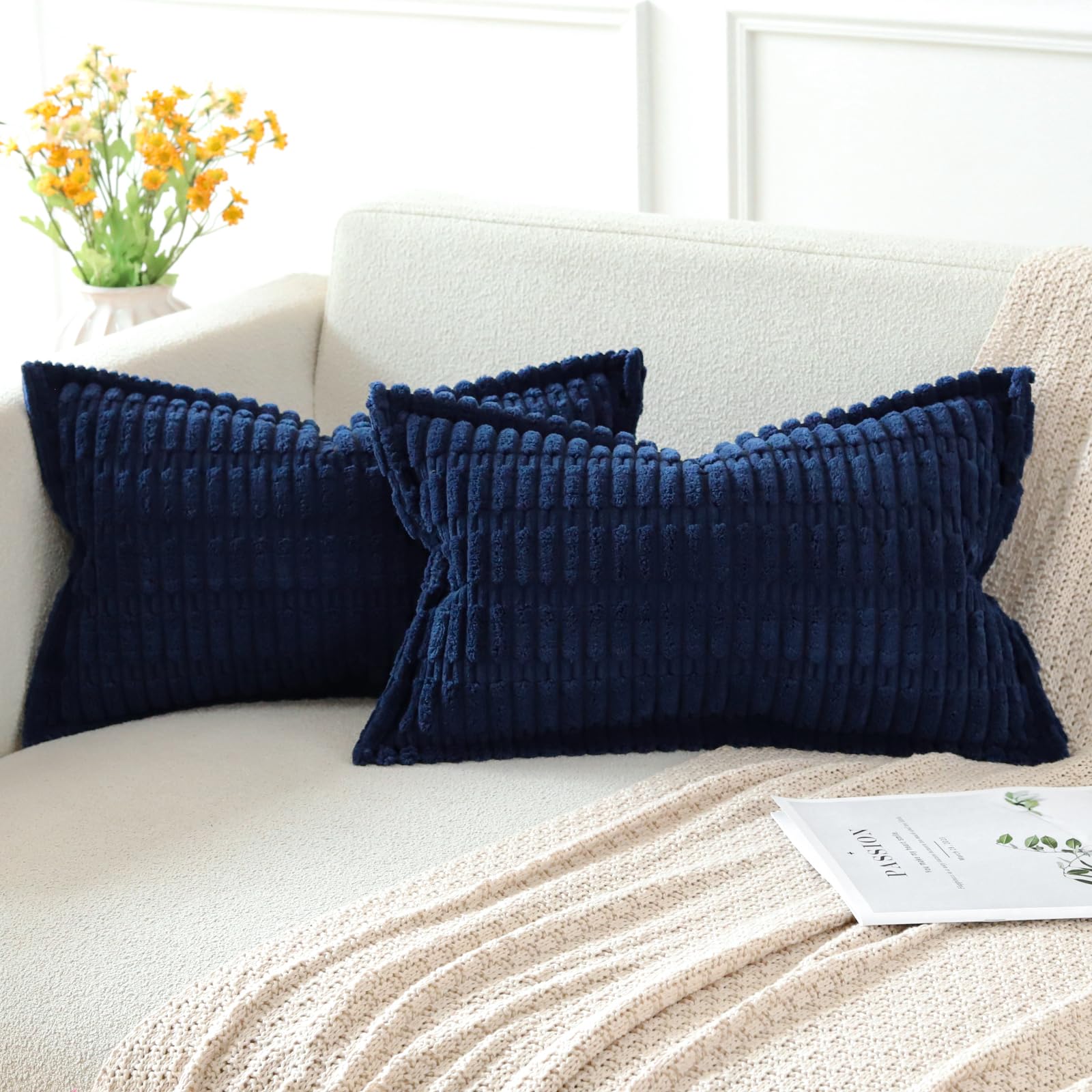 Artscope Dark Blue Cushion Covers Set of 2 Corduroy Decorative Square Striped Pillowcase with Stitched Edge Pillow Covers 30x50cm for Home Decor Sofa Bedroom Car — image 1