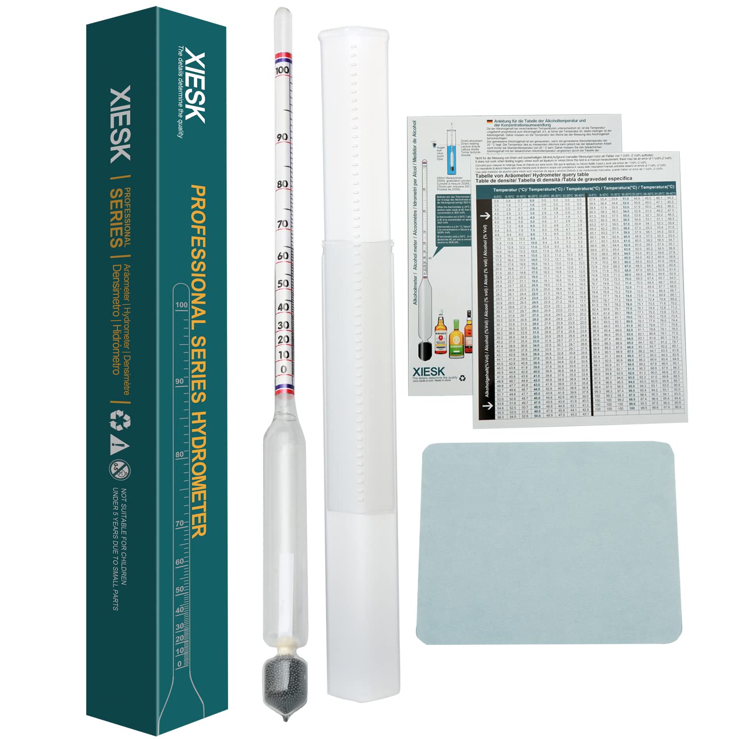XIESK Hydrometer Alcohol Meter Tester (0 bis 100 Vol%), for distilled liquors such as whiskey, vodka and other spirits, Plastic Cylinder can be used as the Immersion Cylinder (Without thermometer)