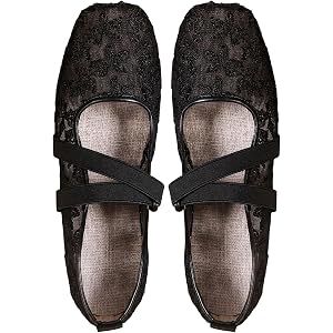 GORGLITTER Women's Lace Mesh Ballet Flats Sheer Closed Square Toe Ballerina Shoes Comfortable Daily Work Shoes